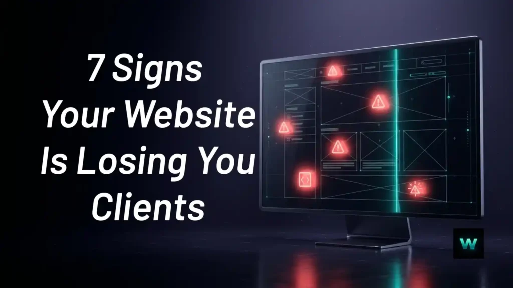 Glass monitor displaying website wireframe with red warning indicators | Signs your website is losing clients | Webezio