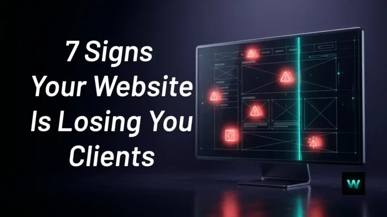 Glass monitor displaying website wireframe with red warning indicators | Signs your website is losing clients | Webezio