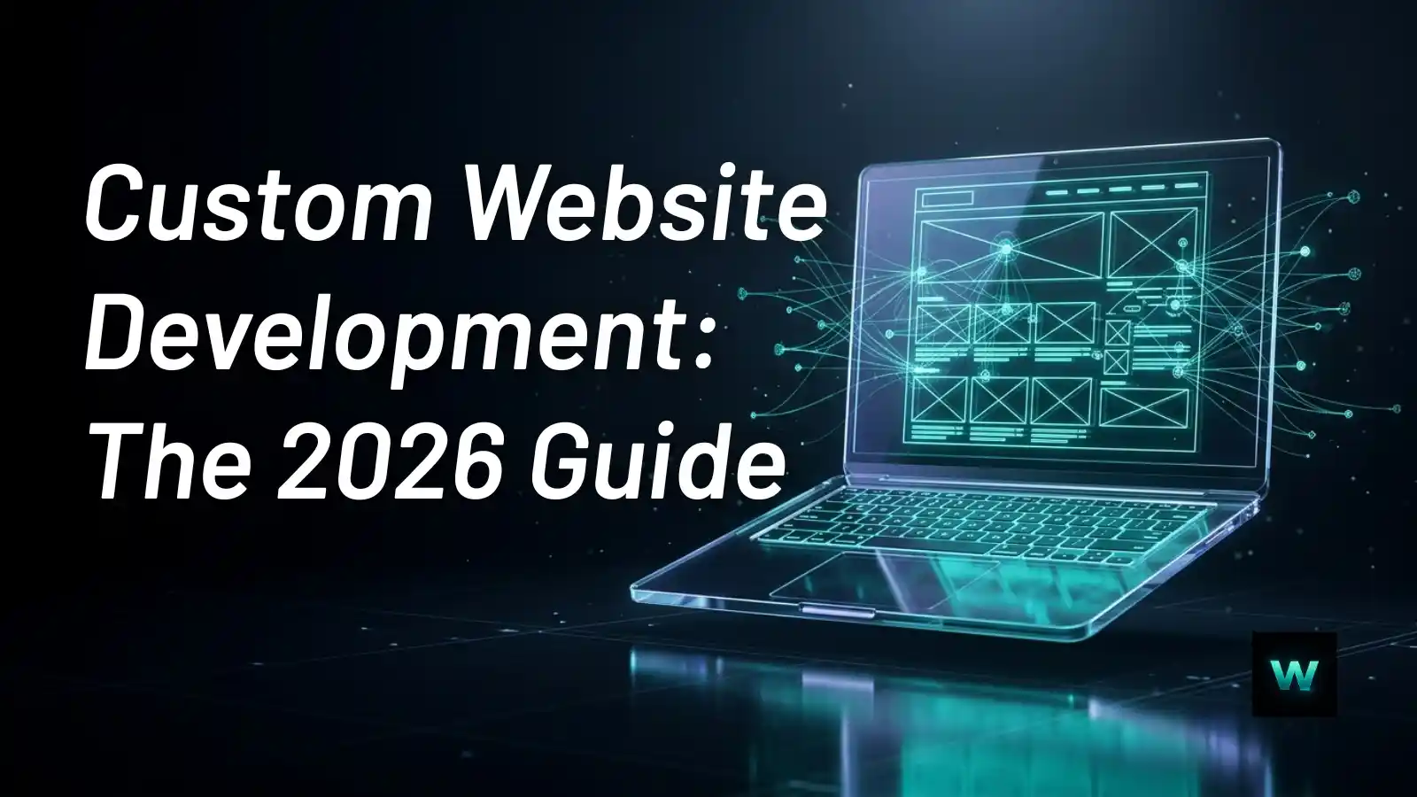 Futuristic glass laptop displaying website wireframe blueprints | Custom website development guide | Webezio