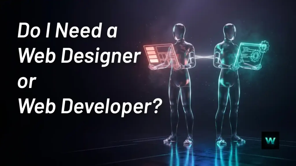 Abstract glass figures representing web designer and web developer with connecting light bridge | Webezio