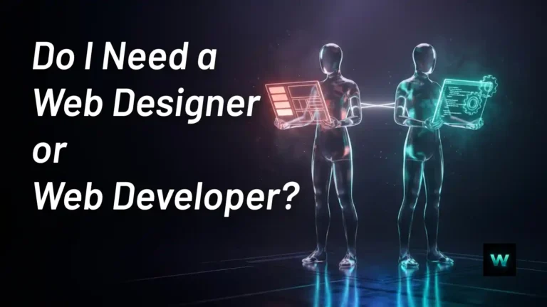 Abstract glass figures representing web designer and web developer with connecting light bridge | Webezio
