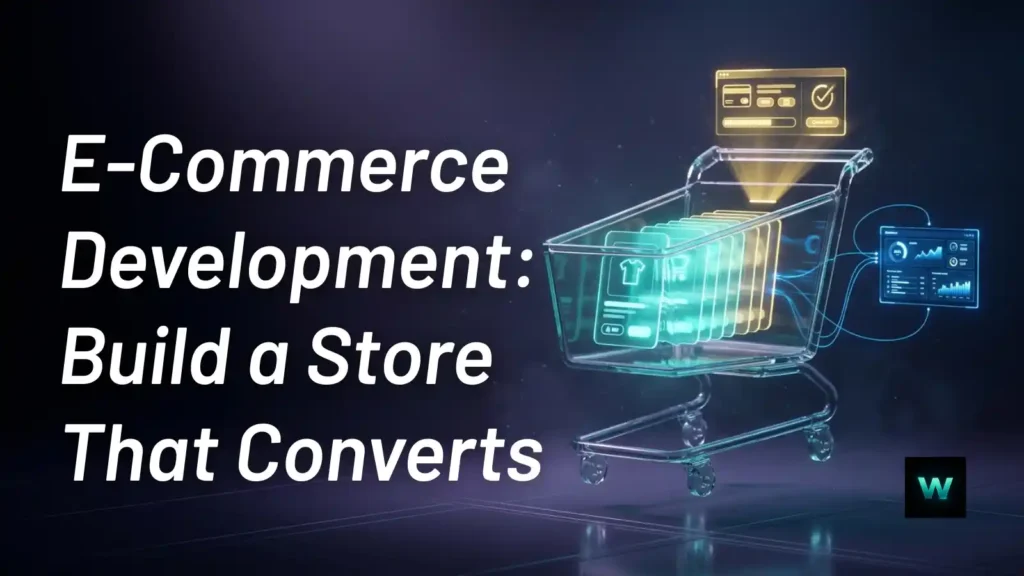 Futuristic glass shopping cart with holographic product cards and conversion dashboard | E-commerce development guide | Webezio