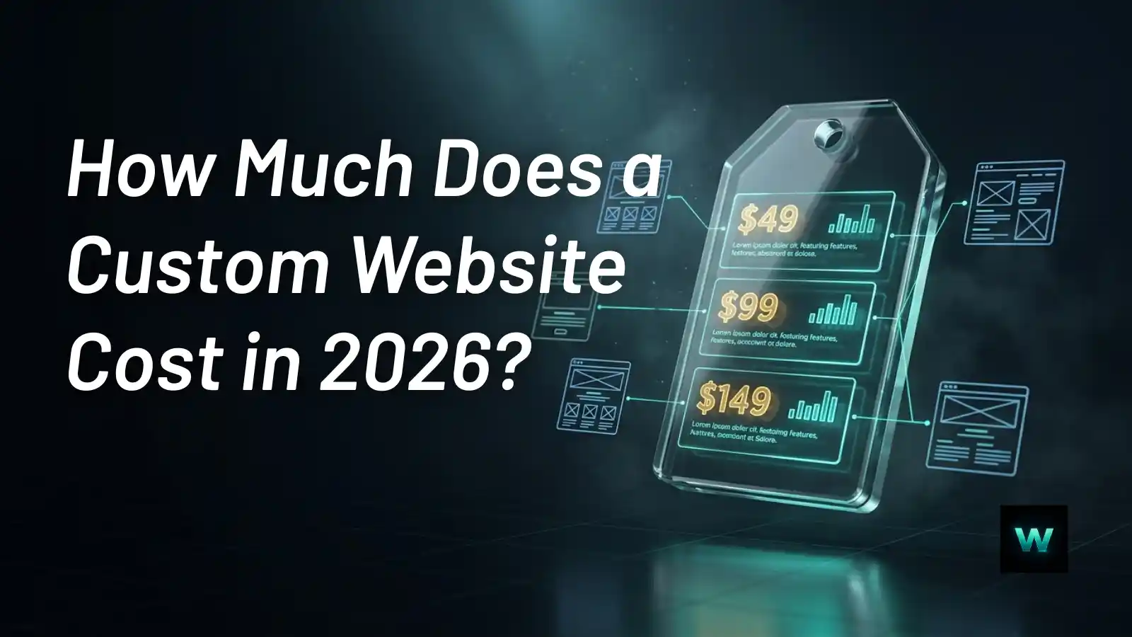 Holographic price tag displaying website development cost tiers | Custom website cost guide | Webezio
