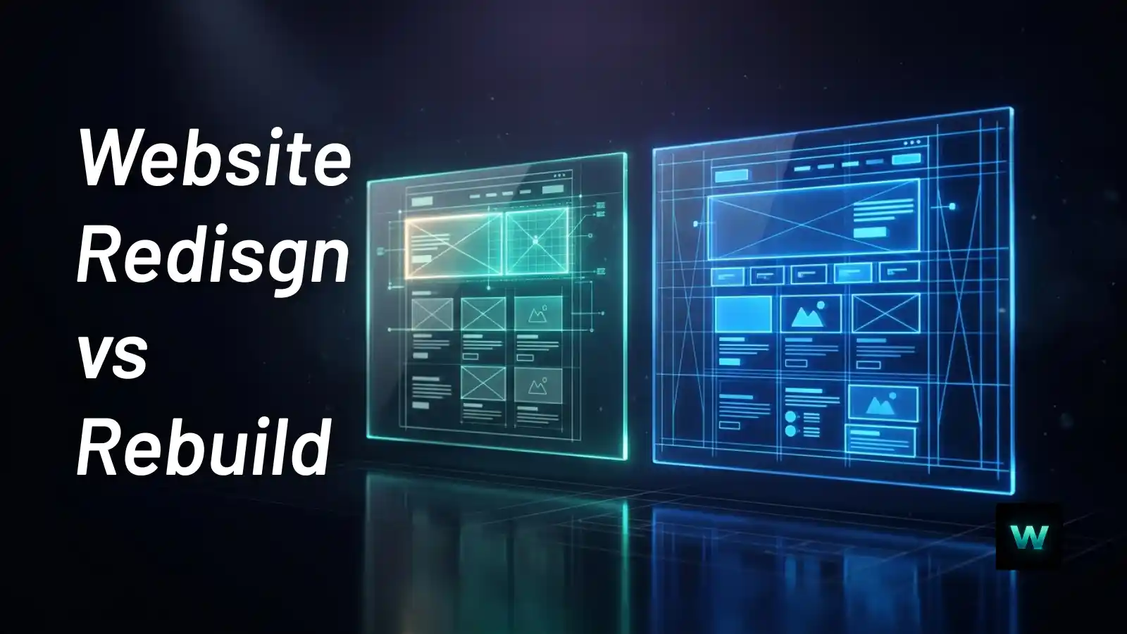 Two glass panels showing website redesign vs rebuild comparison | Webezio decision framework